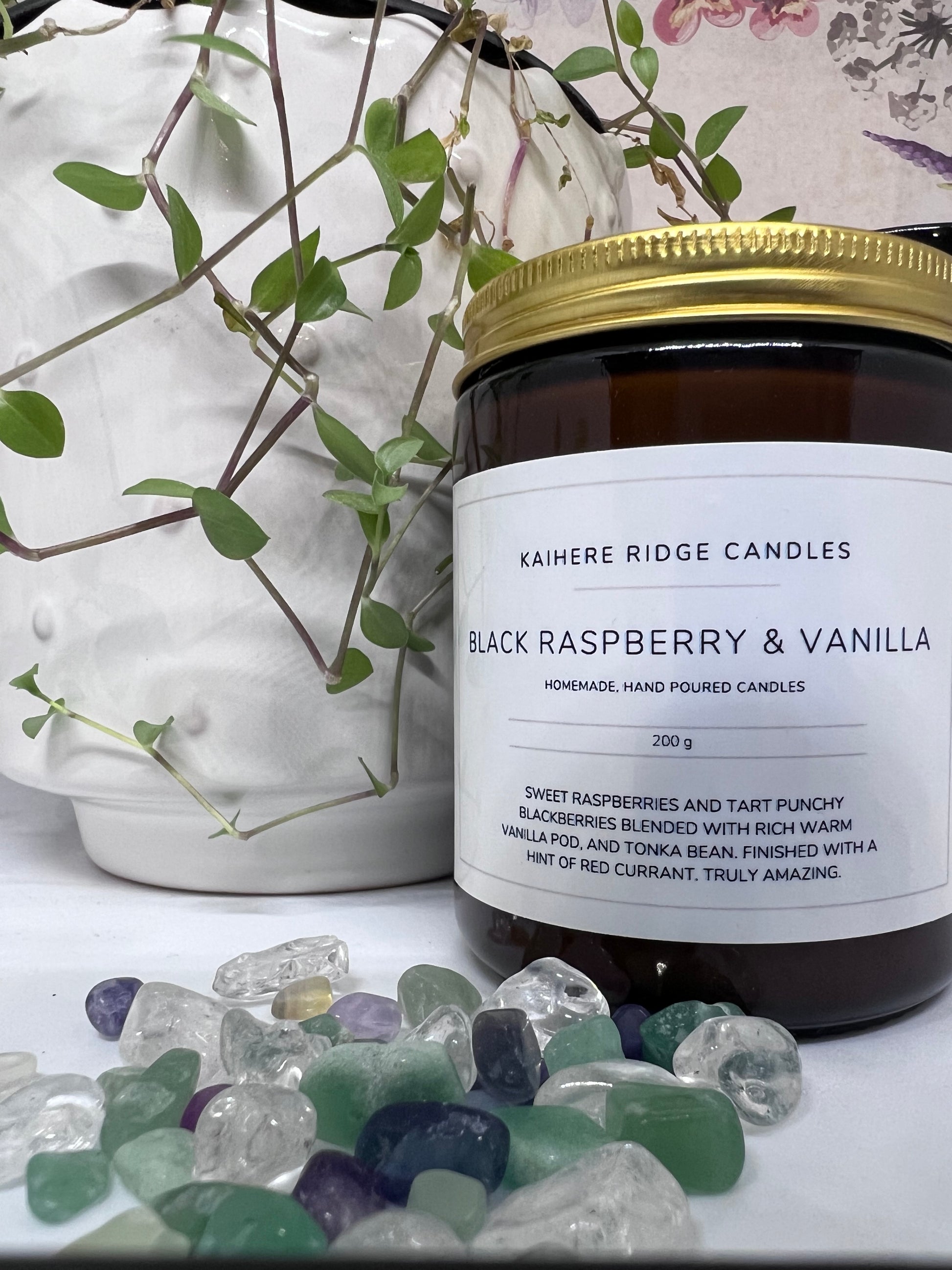 Handcrafted soy candle in amber glass jar - Black Raspberry & Vanilla scent, eco-friendly and vegan